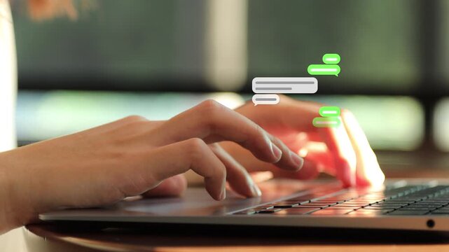 Angled close-up 4K video showing both hands of an Asian woman actively typing on a laptop keypad with text bubbles floating up.