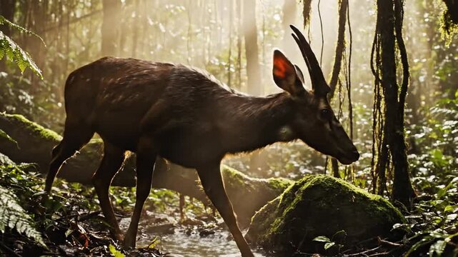 A graceful deer with prominent horns drinks from a stream in a sun-dappled, misty forest.