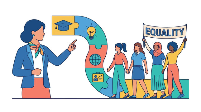 Empowered women striving for global equality through education and leadership path shown in colorful vector illustration