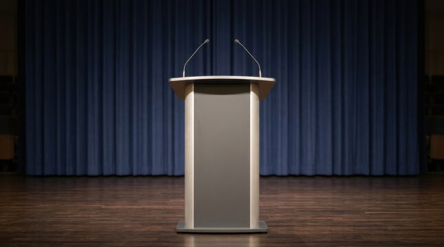 Empty Podium with Microphones on a Stage with Blue Curtains for Public Speaking and Corporate Presentations