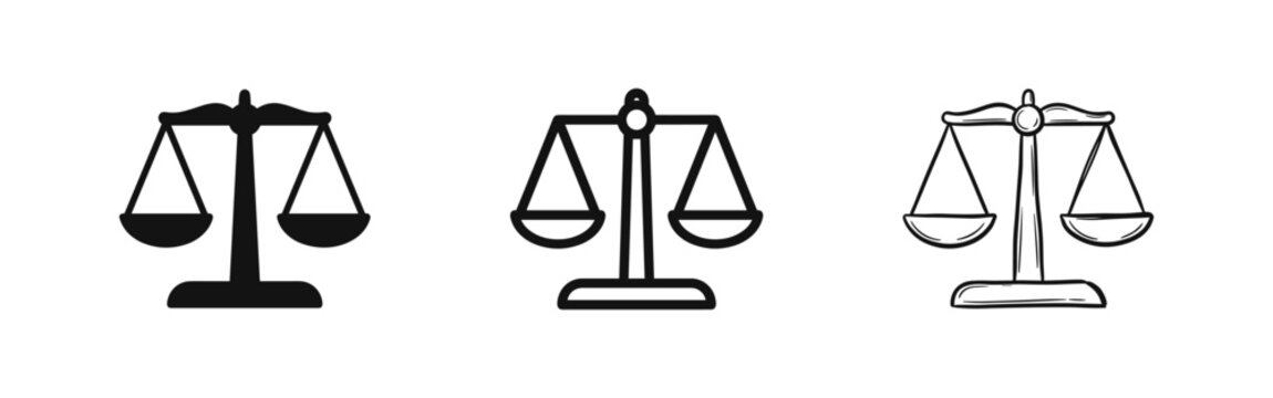 Scales of Justice Icon Set - Legal Balance Symbols in Flat, Outline, and Hand-Drawn Doodle Styles
