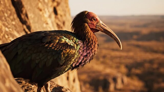 A majestic Northern Bald Ibis bird with iridescent plumage perched on a rocky cliff at sunset.