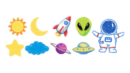 Colorful Space and Astronomy Doodle Icon Set — Hand-Drawn Crayon Style Vector Illustration © marsela
