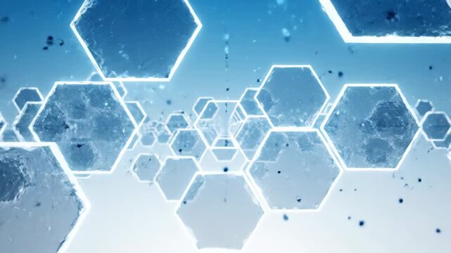 Abstract background with glowing blue hexagonal shapes and floating particles in a digital space