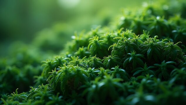 Lush Green Moss Growing in Soft Natural Forest Light
