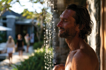 Obraz premium A man enjoys a refreshing moment under a waterfall, basking in the warm sun, creating a serene atmosphere that enhances relaxation and tranquility in nature.