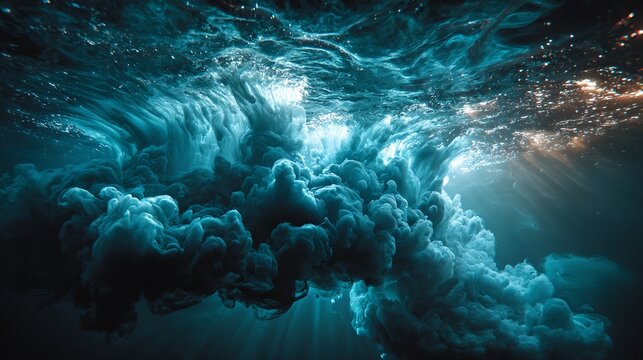 An ethereal underwater scene with dramatic light rays piercing through dark, turbulent water, illuminating swirling clouds of deep blue and turquoise mist. The light catches distant.