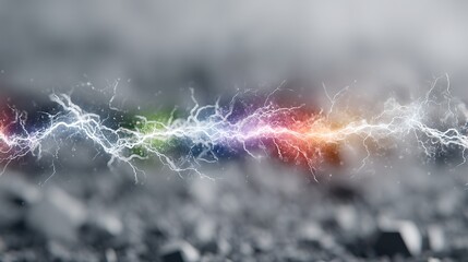 Fototapeta premium A bright electric discharge crackles across a rugged, rocky terrain, illuminating the scene with vibrant rainbow colors. The lightning bolt appears to be a powerful natural phenomenon.