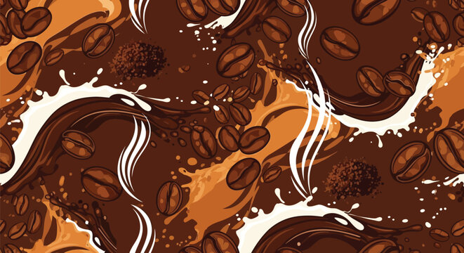 Coffee beans and milk splashes on brown background seamless pattern