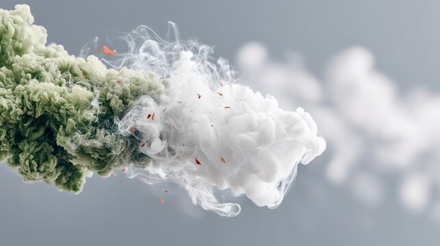 Green and white smoke colliding in mid-air, creating abstract shapes and patterns, symbolizing a clash or transition