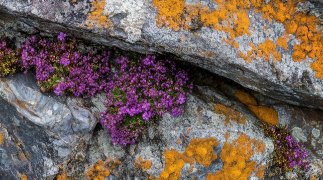 Purple Wildflowers Growing Among Lichen-Covered Rocks