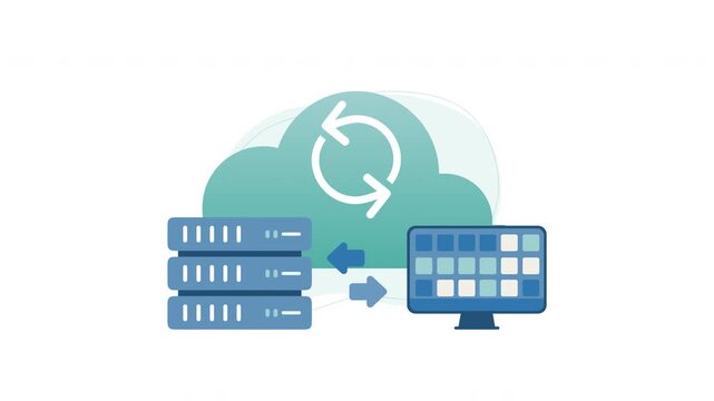 Cloud backup icon synced data, computer monitor, and server hardware. Ideal for tech websites, storage services, data security.