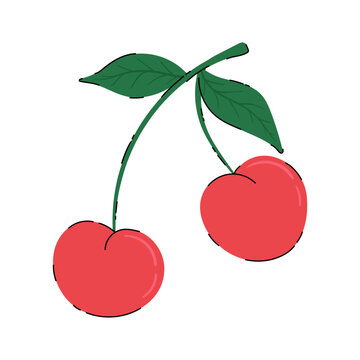 Doodle hand drawn two ripe cherries fruits on stem vector illustration. Sweet red fruit isolated on white background. Cherry icon cartoon design