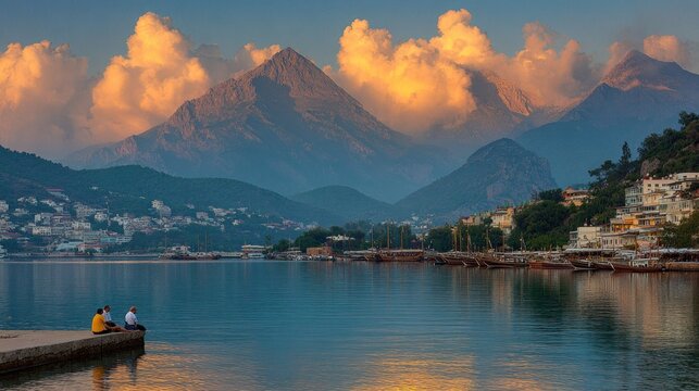 Coastal town nestles at the base of towering mountains under dramatic evening skies