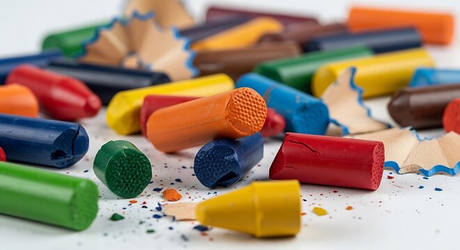 Broken Wax Crayons and Pencil Shavings on White Background