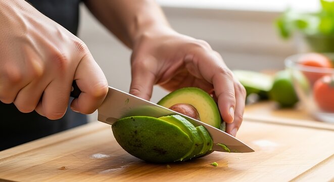 Hands cutting avocado on wooden board.