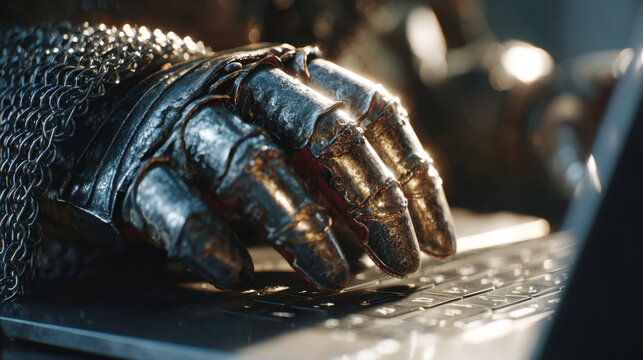 Medieval iron knight gauntlet hand typing on a modern laptop computer keyboard close up, funny concept of old historical armor technology mix, cyber security warrior or antique internet support