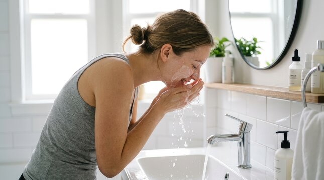 A young woman washes her face with water in a bathroom. She is wearing a gray tank top and her hair is pulled back in a bun.
