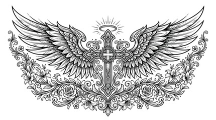 Fototapeta premium Ornate angel wings with cross and floral design tattoo