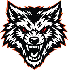 Fototapeta premium Aggressive Wolf Head Mascot Vector Illustration with Glowing Red Eyes and Sharp Teeth