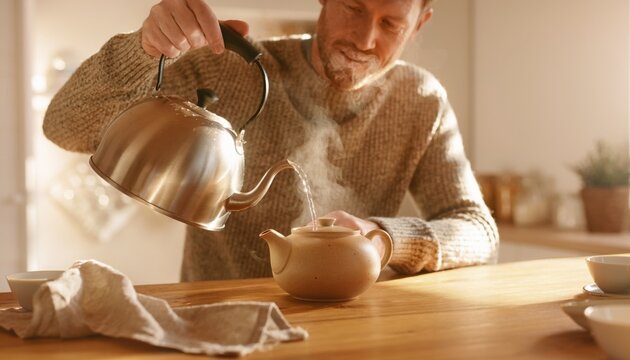 Man pours steaming hot water from kettle into ceramic teapot on wooden table in cozy kitchen setting, creating a relaxing tea time atmosphere