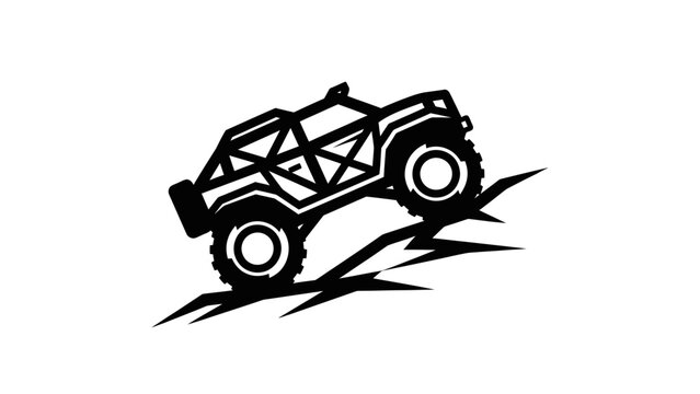 Black and white illustration of a rugged off road vehicle climbing a steep incline.