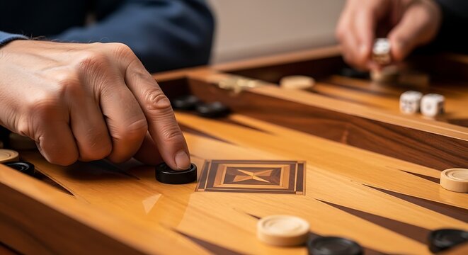 Focused Player Moving Black Checker on Wooden Backgammon Board During Game
