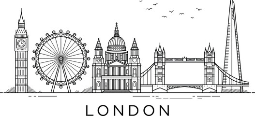 London landmarks skyline line drawing vector illustration with Big Ben, London Eye, Tower Bridge, and minimalist design © SHANJIDA