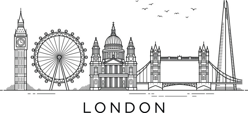 London landmarks skyline line drawing vector illustration with Big Ben, London Eye, Tower Bridge, and minimalist design