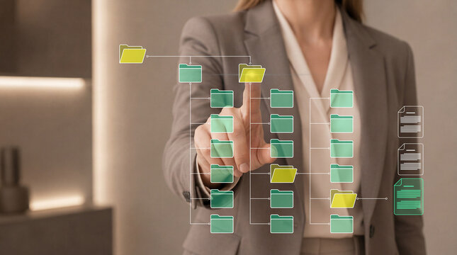 Document organization and records management. File structure, document workflow and digital document control system. Business professional managing documents through digital interface