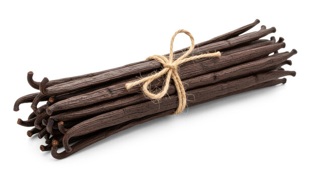 A bundle of vanilla beans is tied together with twine. The vanilla beans are dark brown and have a textured surface.