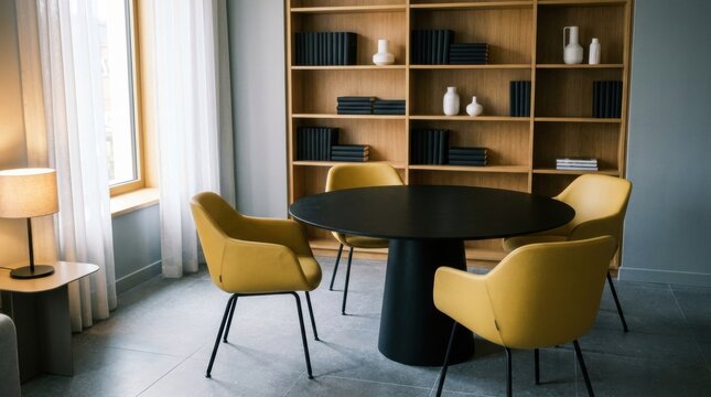 Elegant Dining Room with Round Table, Chairs, and Bookshelves.