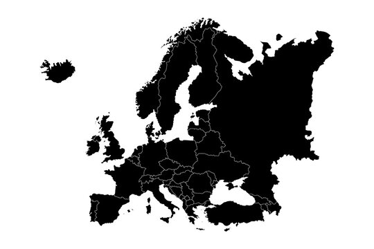 Black Europe map with countries outline isolated on white background. Vector map of Europe silhouette