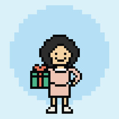 Obraz premium Pixel art smiling woman and a gift box present online shopping art cartoon.