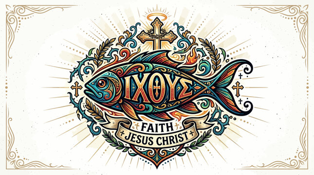 Jesus Christ Faith Symbol ICHTHYS Fish Cross Religious Icon