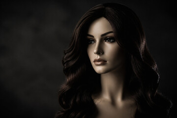 Fototapeta premium A beautiful woman with long dark hair is shown in a dramatic, dimly lit portrait against a dark background.