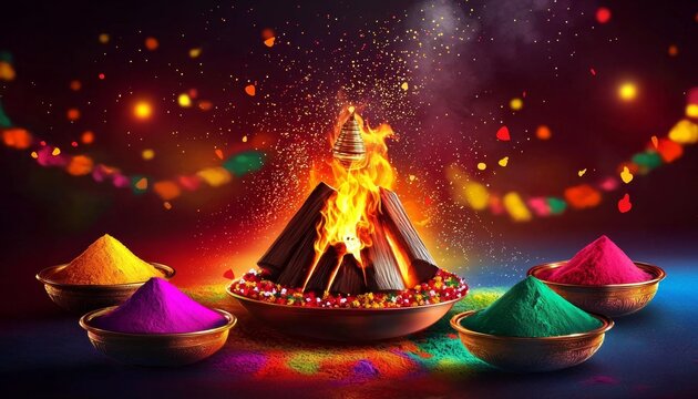 Festive Illustration of Holika Dahan with Holi Colors