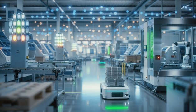 Advanced Automated Warehouse with Robotic Systems and Intelligent Lighting in Modern Industrial Setting