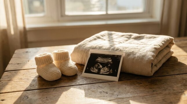 A soft, warm light illuminates an ultrasound image of a baby alongside a folded, beige blanket and a pair of tiny, knitted booties.