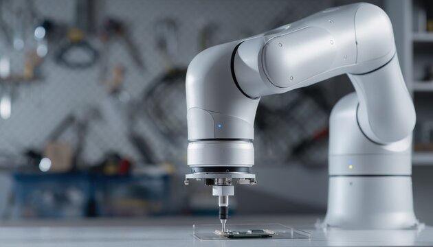 Robotic Arm in Action, Assembling Electronics Components in Modern Workshop with Precision and Efficiency, Innovative Technology and Automation Focused Environment