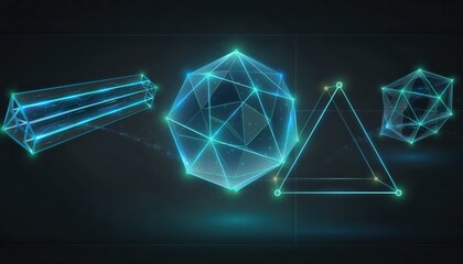 Fototapeta premium Geometric Shapes in Blue Light on Dark Background, Futuristic 3D Digital Illustration of Polygonal Forms for Technology and Science Concepts