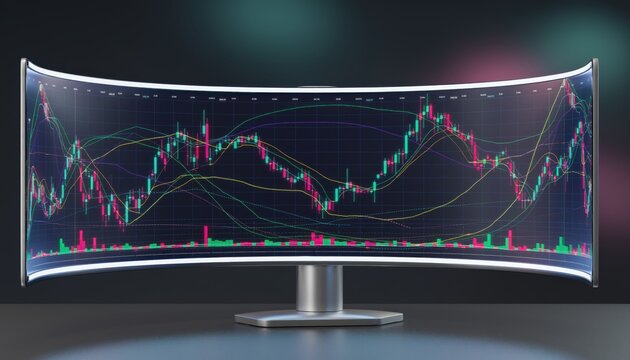 Modern Trading Monitor Displaying Stock Market Trends with Dynamic Charts and Colorful Data Visualizations in a Dark Environment
