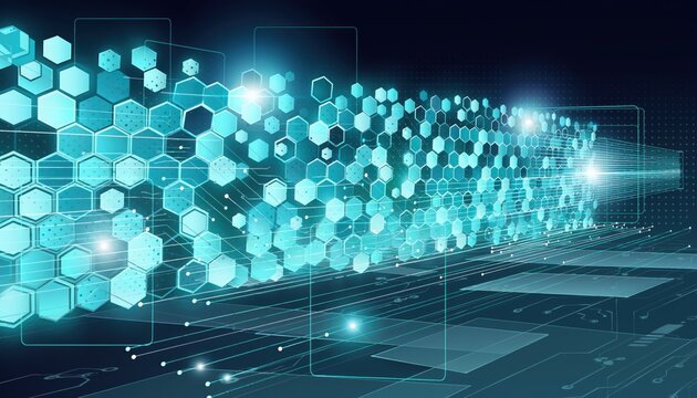 Futuristic digital technology background with hexagonal patterns and glowing elements, ideal for abstract and tech-related projects and designs