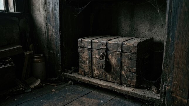 A dark, weathered wooden chest sits on a rough wooden shelf in a dilapidated room. Cobwebs cling to the walls and ceiling, suggesting age and neglect.