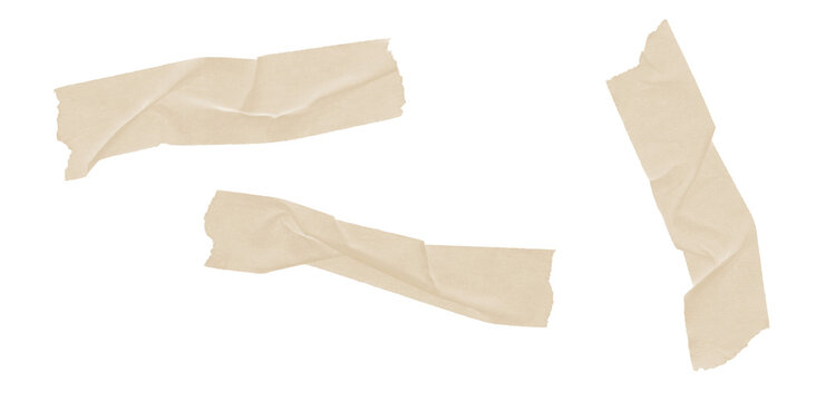 Set of three wrinkled brown adhesive tape pieces with natural shadow, isolated on transparent background.