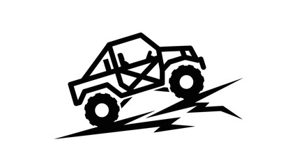 Off-road vehicle icon climbing a steep incline, black and white line art. © Surep