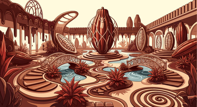 A surreal fantasy garden made of chocolate, with cacao pod sculptures and melting sweets. A whimsical, dreamlike vector illustration for confectionery branding or packaging.