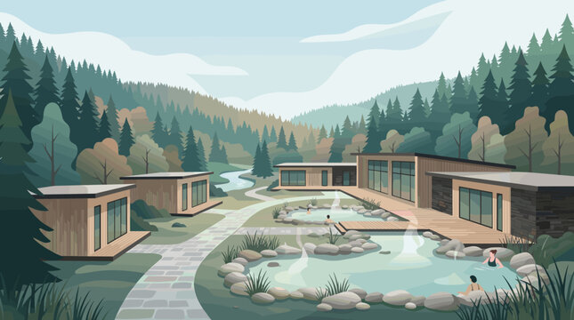 Vector illustration of a modern spa resort with people relaxing in thermal pools. A serene wellness retreat concept for travel and vacation themes.