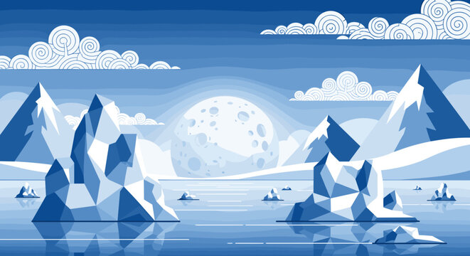 A serene arctic landscape vector illustration with geometric icebergs, a large moon, and mountains. Ideal for backgrounds, climate concepts, and fantasy themes.