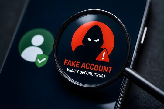 Fake account alert on a smartphone screen, magnified by a magnifying glass, for the concept of online fraud and deception.